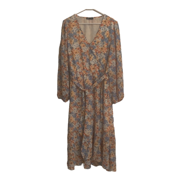 Pretty Garden Women's Floral Print Boho Dress, Long Sleeve,XL, Orange/Blue. - Picture 4 of 11